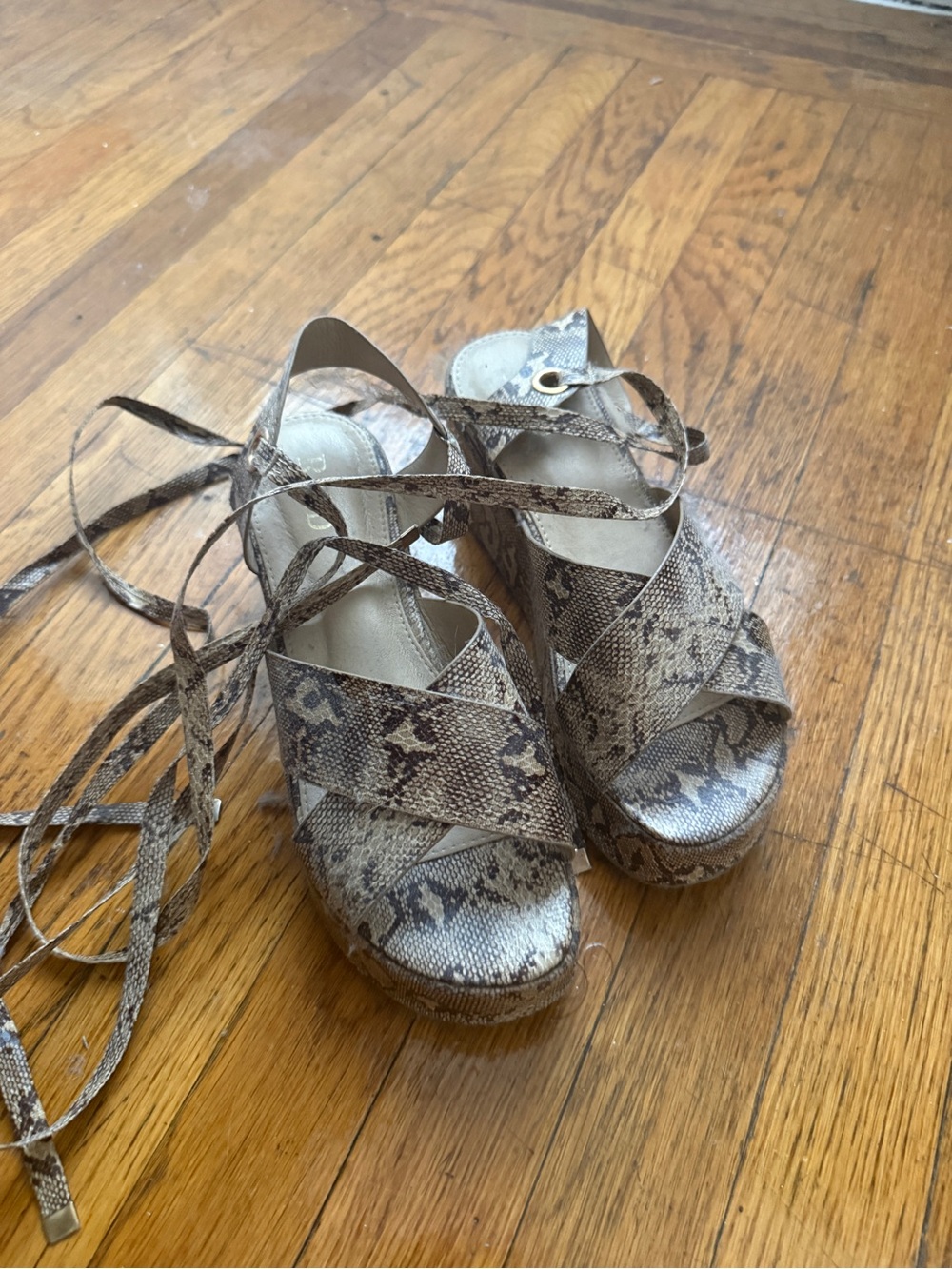 Womens Snake-Print Lace-Up Platform Sandals in Brown